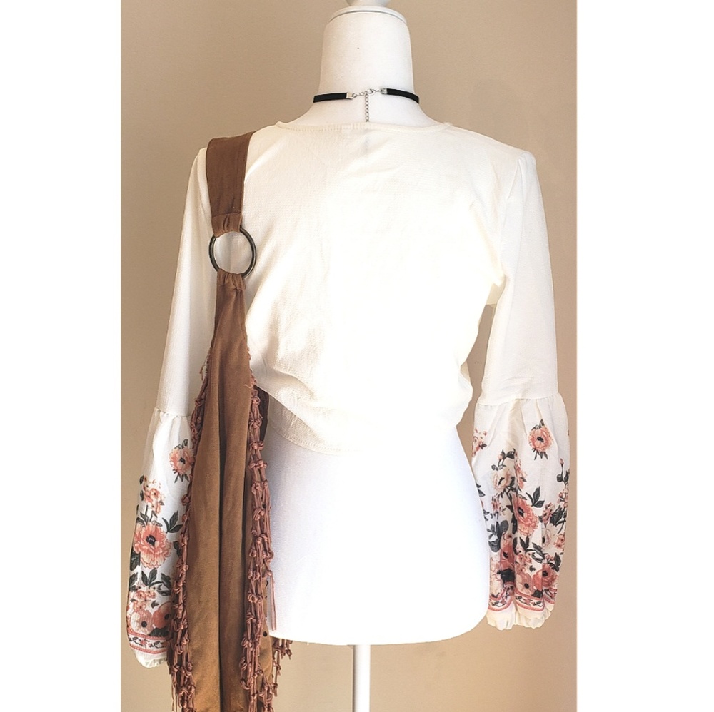 🆕️Boho Bubble Sleeve Tie Front Crop Top Sz L - Picture 4 of 6